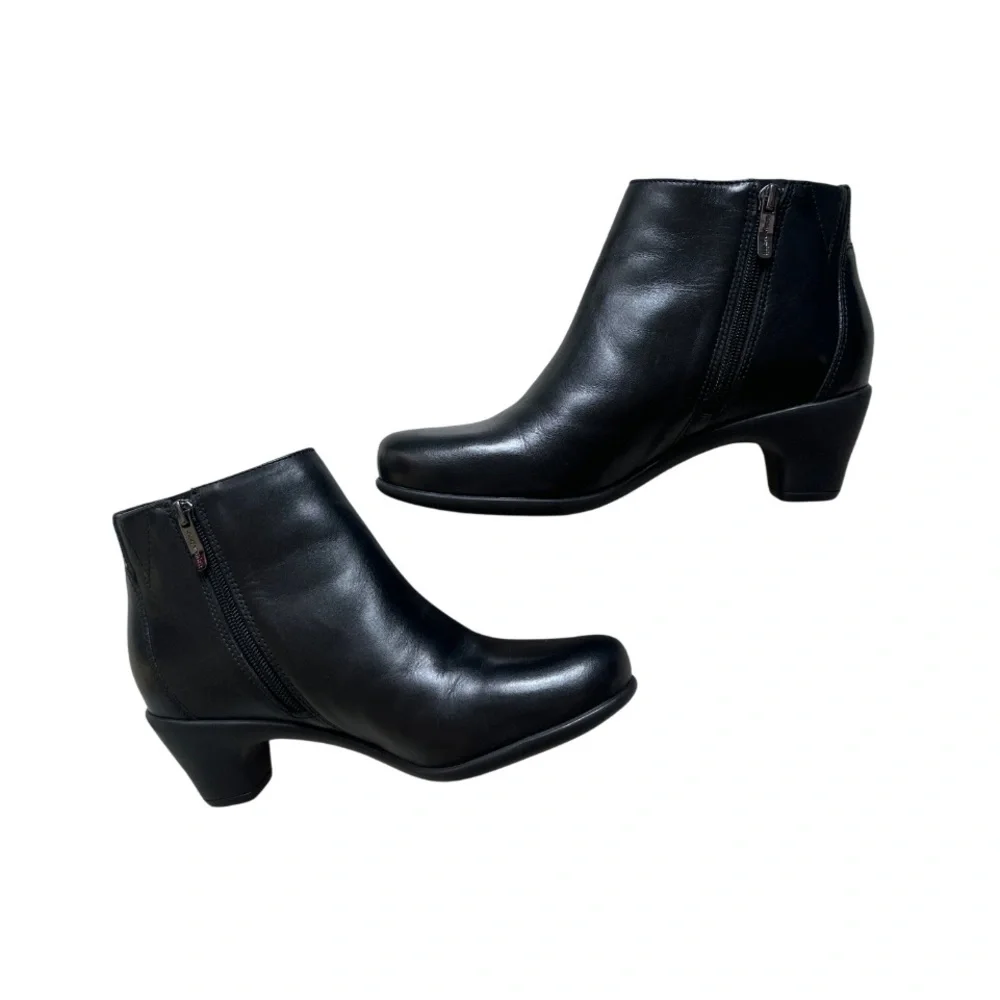 Black Leather Ankle Boots 8M Comfort Low Heel Booties Minimalist Business Casual
